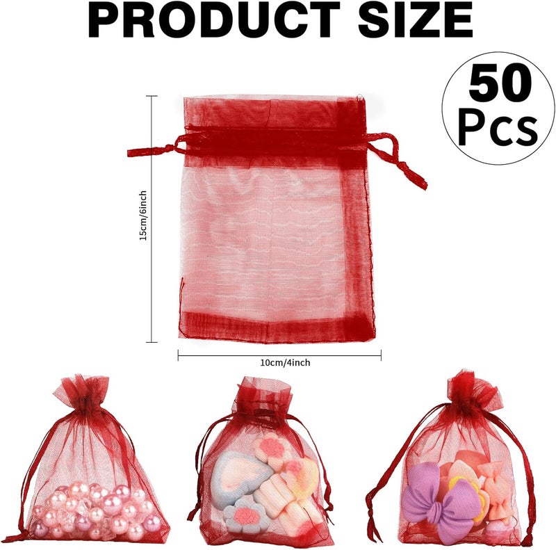 BOEIAC Organza Bags: 50 Mini Mesh Candy Bags - Small Size (4 x 6 inch) for Wedding, Party, Valentine's Day Favor - Burgundy - Image 2